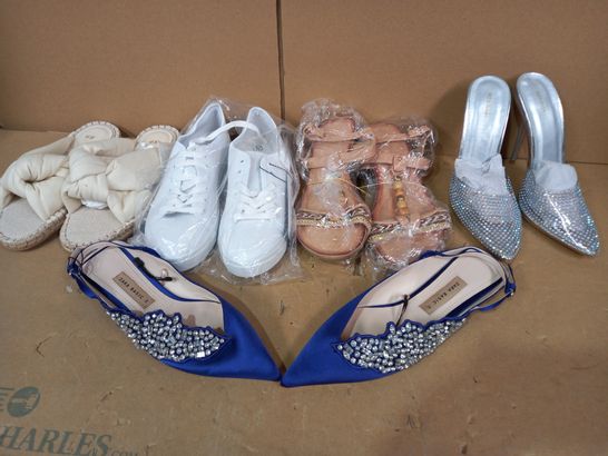 BOX OF APPROXIMATELY 5 ASSORTED FOOTWEAR ITEMS TO INCLUDE BLUE JEWELLED EFFECT SLIP ON SHOES EU SIZE 38, SOFT BEIGE SANDALS EU SIZE 37, WHITE CANVAS LACE PUMPS UK SIZE 4, ETC