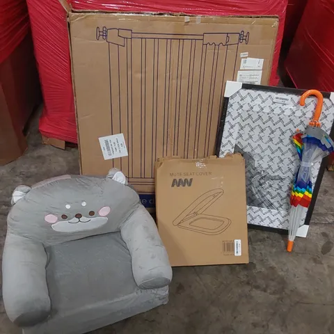 LARGE PALLET OF ASSORTED HOUSEHOLD PRODUCTS TO INCLUDE; CHILDRENS CHAIR BED, SAFETY GATE, MUTE SEAT COVER AND UMBRELLA