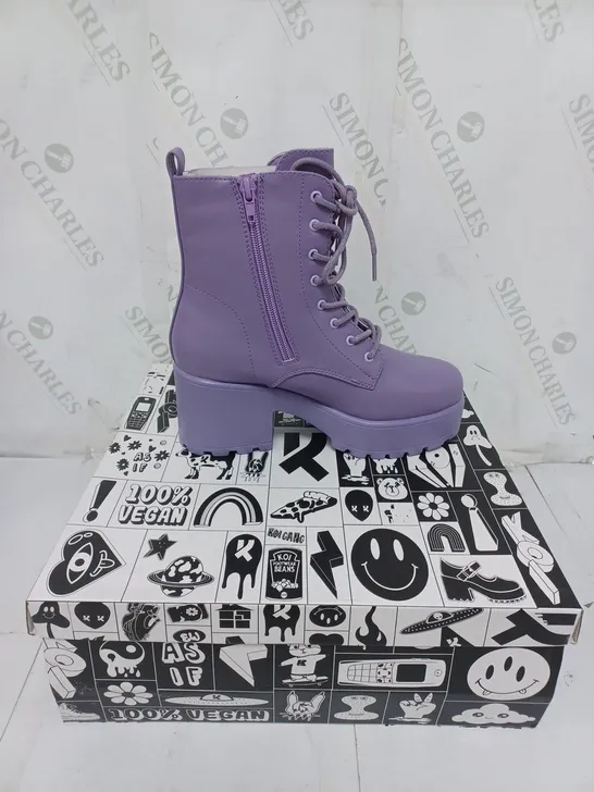 KOI FOOTWEAR LADIES LAVENDER LACE UP WITH ZIP CHUNKY HEEL BOOTS SIZE 3