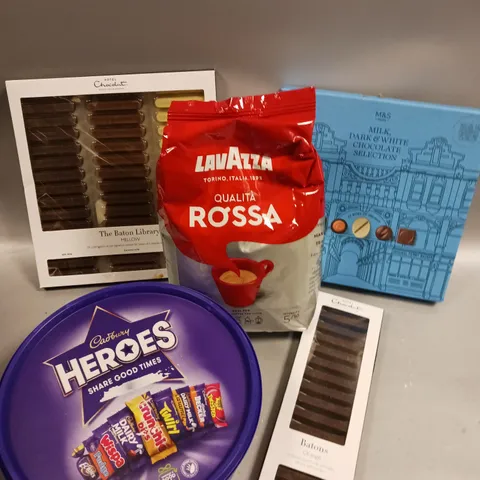 5 X ASSORTED FOOD PRODUCTS TO INCLUDE HOTEL CHOCOLAT BATON LIBRARY, M&S CHOCOLATE SELECTION, CADBURY HEROS ETC 