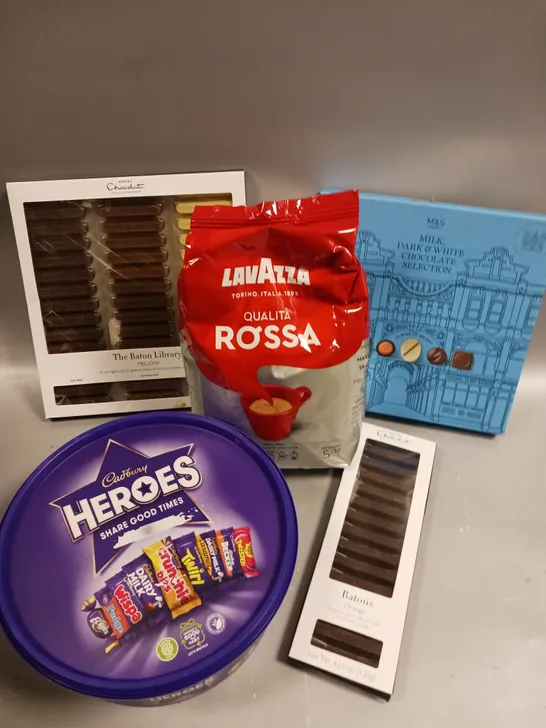 5 X ASSORTED FOOD PRODUCTS TO INCLUDE HOTEL CHOCOLAT BATON LIBRARY, M&S CHOCOLATE SELECTION, CADBURY HEROS ETC 