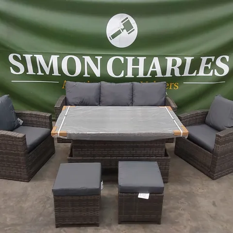 BRAND NEW BOXED KANSAS RATTAN SOFA SET WITH RISING TABLE IN GREY (3 BOXES)