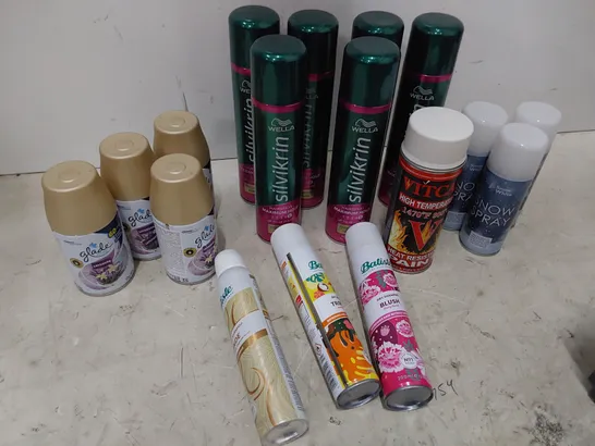 TWO TOTES OF ASSORTED AEROSOLS INCLUDING, PRIMER FILLER, GROUT PROTECTOR, CONTACT CLEANER, GREEN OIL LUBE, HIGH TEMP PAINT, SNOW SPRAY, BODY SPRAYS BY LYNX, HAIR SPRAYS, SILVIKRIN, BATISTE, GLADE,