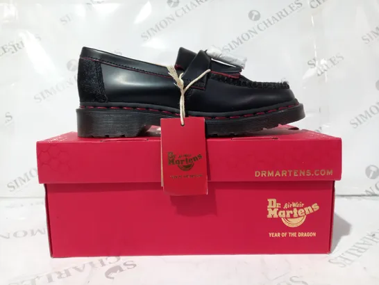 BOXED PAIR OF DR MARTENS ADRIAN YEAR OF THE DRAGON LOAFERS IN BLACK/RED UK SIZE 5