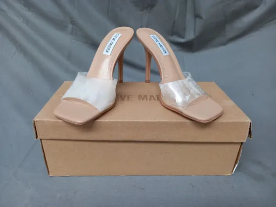 BOXED PAIR OF STEVE MADDEN SIGNAL SYNTHETIC OPEN TOE HEELED CLEAR STRAP SANDALS IN NUDE EU SIZE 36