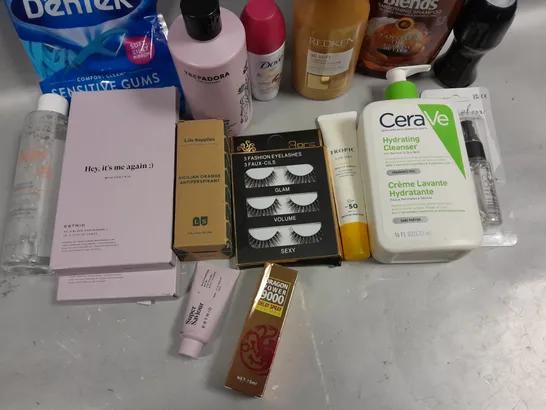 BOX OF APPROXIMATELY 15 COSMETIC ITEMS TO INCLUDE REDKEN CONDITIONER, CERAVE CLEANSER, GARNIER SHAMPOO , ETC