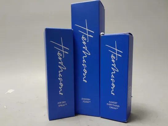 3 BOXED HERSHESONS PRODUCTS TO INCLUDE ALMOST EVERYHTHING CREAM (50ml), ZHOOSH FOAM (150ml), AIR DRY SPRAY (100ml)