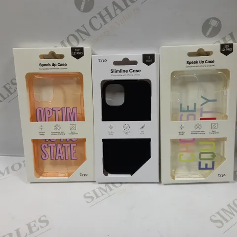 BOX OF APPROXIMATELY 56 TYPO PHONES CASES ('SLIMLINE CASE' & 'SPEAK UP CASE') FOR IPHONE 12 MINI, 12/12PRO IN VARYING COLOURS