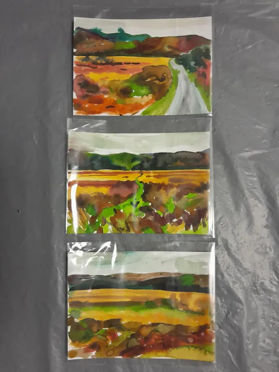 MINI LANDSCAPE WATER COLOUR PAINTINGS X3 BY ZOE BENNET DATED 2023 APPROX 14.5CMX11CM EACH