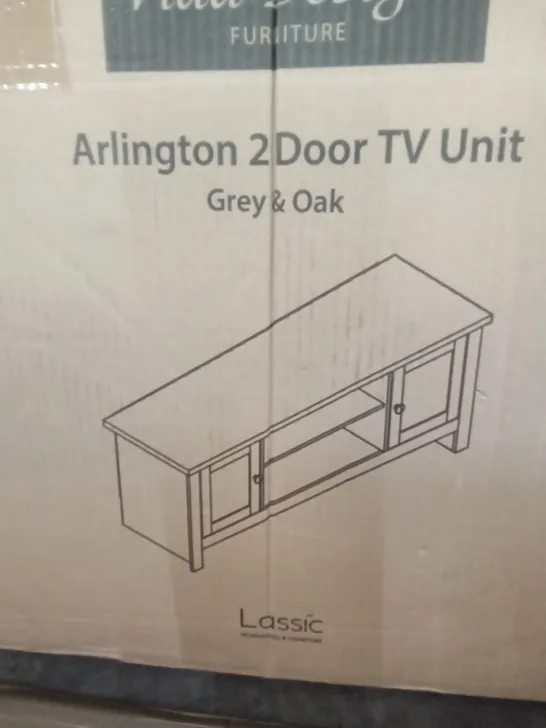 BOXED VIDA DESIGNS ARLINGTON 2 DOOR TV UNIT - GREY/OAK