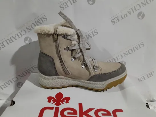 BOXED PAIR OF RIEKER ANTISTRESS WARM WATER RESISTANT HIKING BOOTS IN CREAM - SIZE 5