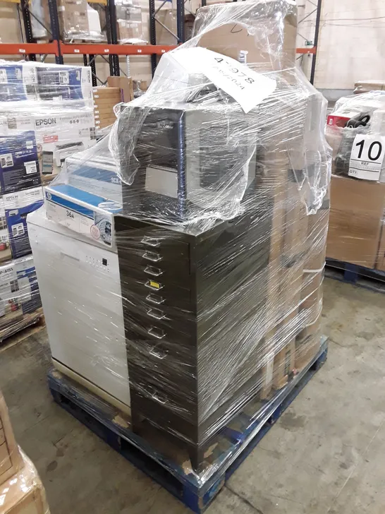 PALLET OF ASSORTED ITEMS INCLUDING HP LASERJET PRINT CARTRIDGES, FILING CABINET, DISH WASHER, TV UNIT, BROTHER PRINTER 