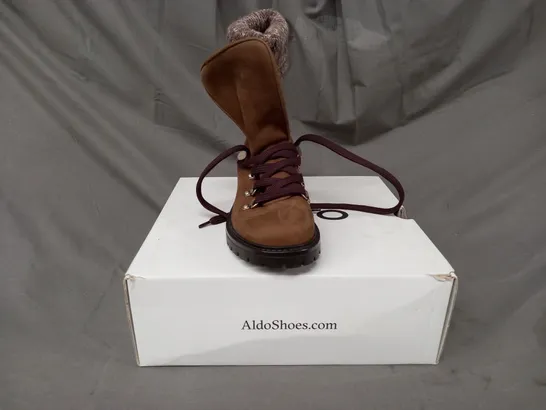 BOXED PAIR OF ALDO MENUDA ANKLE BOOTS IN KHAKI SIZE 4