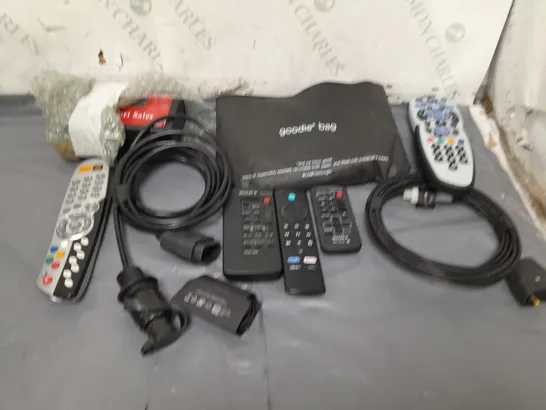 LOT OF ASSORTED HOUSEHOLD ITEMS TO INCLUDE ASSORTED REMOTE CONTROLS, CABLES AND AUDIO WIRES