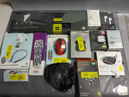 LOT OF APPROXIMATELY 40 ASSORTED TECH ITEMS TO INCLUDE SILENT KEYBOARD, SHARP SPEAKER SYSTEM AND TRUE WIRELESS EARBUDS