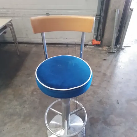 BLUE FABRIC WOODEN BAR STOOL WITH CHROME FRAME 