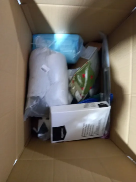 BOX OF ASSORTED HOUSEHOLD ITEMS TO INCLUDE TISSUES, A4 PAPER, FLASK, WALL TILES ETC 