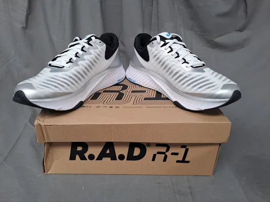 BOXED PAIR OF R.A.D R-1 TRAINERS IN WHITE/METALLIC SILVER UK SIZE 9