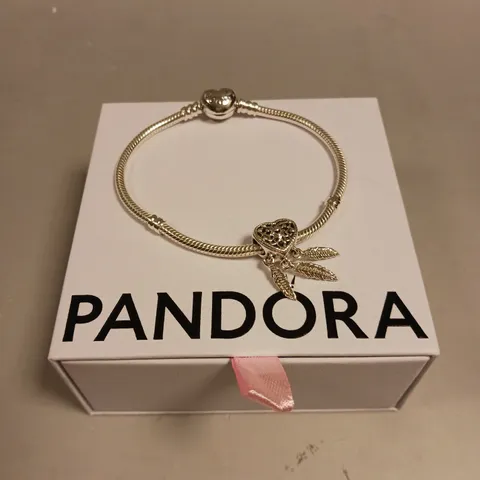 PANDORA SILVER CHARM BRACELET WITH FEATHER HEART CHARM 