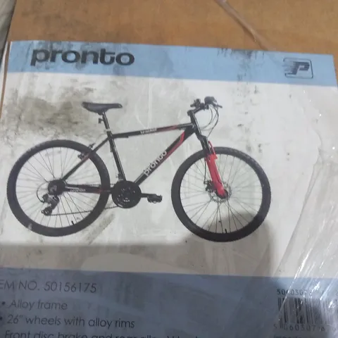 BOXED PRONTO 26" ALLOY FRAME FRONT SUSPENSION MOUNTAIN BIKE WITH FRONT DISC BRAKES, REAR ALLOY V BRAKES AND 21 SHIMANO REAR GEAR AND REVO SHIFTER