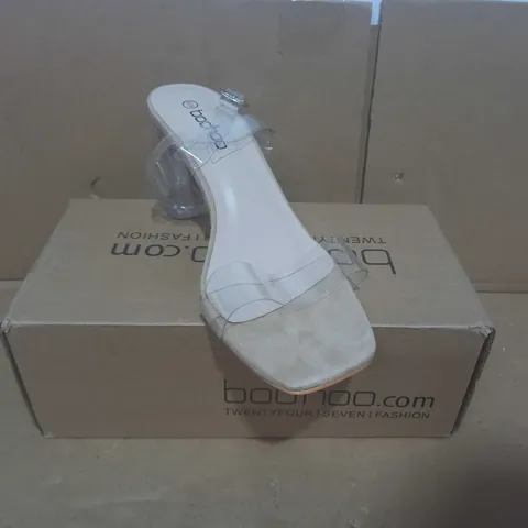 BOXED PAIR OF BOOHOO CLEAR HEELS UK SIZE 6