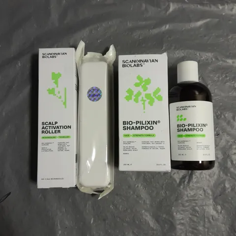 SCANDINAVIAN BIOLABS LOT OF 2 COSMETIC PRODUCTS TO INCLUDE - BIO-PILIXIN STRENGTH SHAMPOO 250ML - SCALP ACTIVATION ROLLER