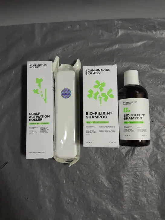 SCANDINAVIAN BIOLABS LOT OF 2 COSMETIC PRODUCTS TO INCLUDE - BIO-PILIXIN STRENGTH SHAMPOO 250ML - SCALP ACTIVATION ROLLER