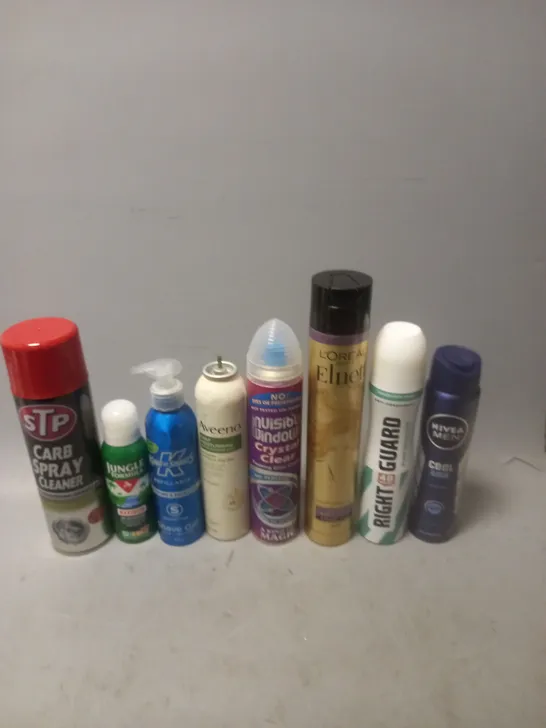 APPROXIMATELY 12 ASSORTED AEROSOLS TO INCLUDE LOREAL ELNETT, CARB SPRAY CLEANER, AND JUNGLE FORMULA ETC. 