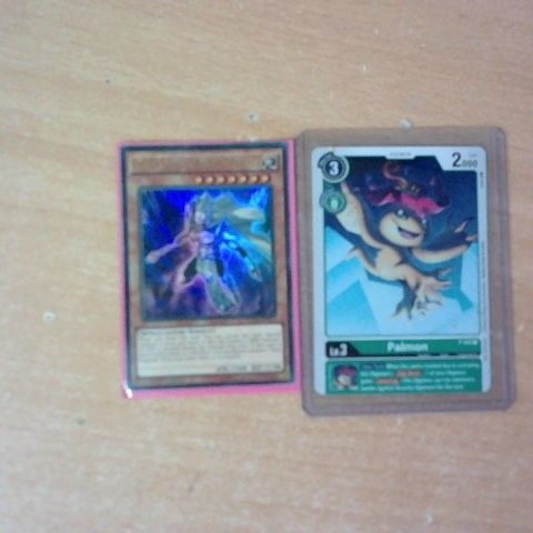 LOT OG 2 ASSORTED GAMING CARDS TO INCLUDE YU-GI-OH! PALLADIUM ORACLE MAHAD CARD AND DIGIMON PALMON CARD