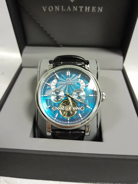 BOXED VONLANTHEN AUTOMATIC WATCH WITH BLUE DIAL BLACK LEATHER STRAP