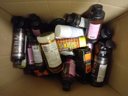BOX OF APPROX 20 ASSORTED CLEANING PRODUCTS TO INCLUDE - DRAIN AWAY - GINGER SHAMPOO - AUTO EXTREME CHROME POLISH ETC