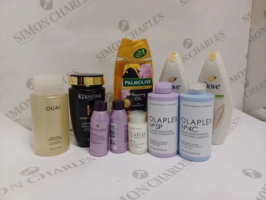 APPROXIMATELY 10 ASSORTED HAIR CARE PRODUCTS TO INCLUDE OLAPLEX NO 4C BOND MAINTENANCE CLARIFYING SHAMPOO, OUAI SHAMPOO, KÉRASTASE YOUTH REVITALISING SHAMPOO   