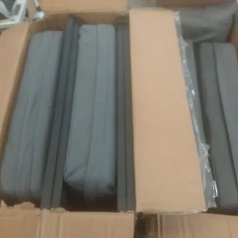 2 BOXES OF ASSORTED CHAIR PARTS AND GREY CUSHIONS