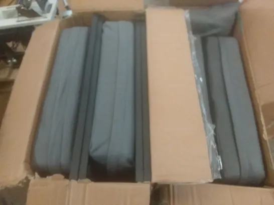 2 BOXES OF ASSORTED CHAIR PARTS AND GREY CUSHIONS