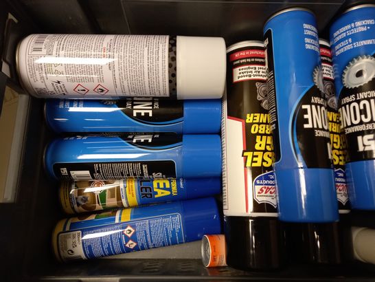 BOX OF APPROX 15 ASSORTED AEROSOLS TO INCLUDE MARINE MOTOR PAINT, WD40, 151 HIGH PERFORMANCE SILICONE LUBRICANT SPRAY