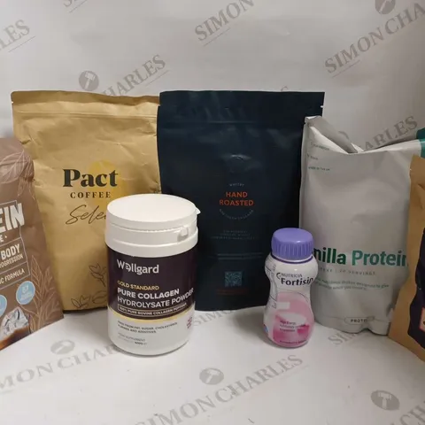 BOX OF APPROX 10 ITEMS TO INCLUDE PACT COFFEE, VANILLA PROTEIN AND PURE COLLAGEN HYDROLYSATE POWDER