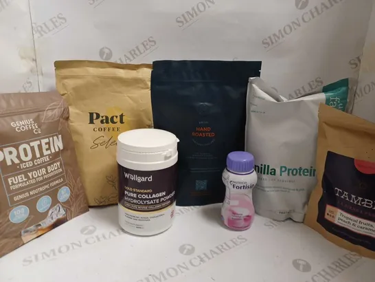 BOX OF APPROX 10 ITEMS TO INCLUDE PACT COFFEE, VANILLA PROTEIN AND PURE COLLAGEN HYDROLYSATE POWDER