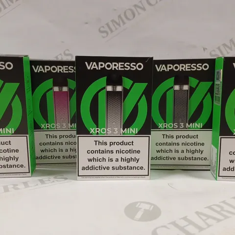 BOX OF 5 VAPORESSO XROS 3 MINI VAPES IN ASSORTED COLOURS TO INCLUDE BLACK, GREY, PINK 