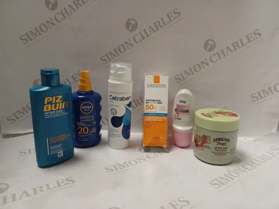 SIX ASSORTED SUN PROTECTION LOTIONS INCLUDING PIZ BUIN AND HAWAIIAN TROPIC AFTER SUN BODY BUTTER