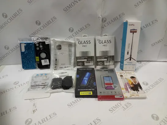 BOX TO CONTAIN APPROX. 35 X ASSORTED PHONE ACCESSORIES. INCLUDES PHONE CASES, SCREEN PROTECTORS, CHARGING CABLES ETC 