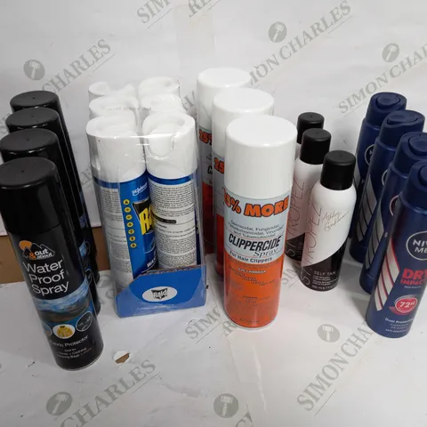 LOT OF APPROX 20 ASSORTED AEROSOLS TO INCLUDE WATERPROOFER, BODY SPRAY, BUG KILLER ETC