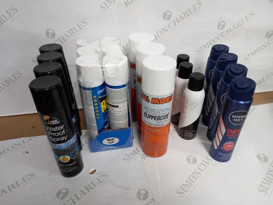 LOT OF APPROX 20 ASSORTED AEROSOLS TO INCLUDE WATERPROOFER, BODY SPRAY, BUG KILLER ETC