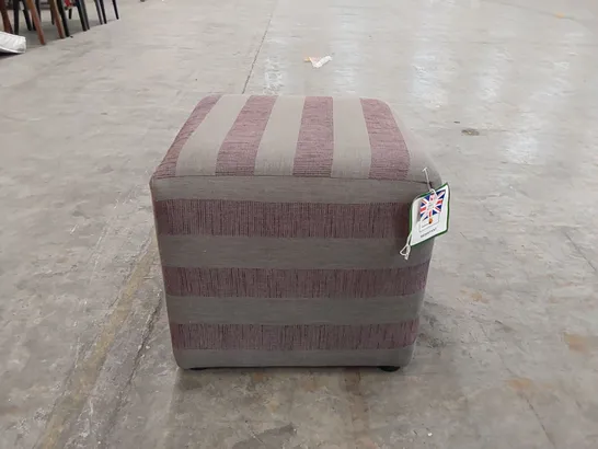 DESIGNER FABRIC UPHOLSTERED SILVER AND PURPLE LINED CUBE FOOTSTOOL