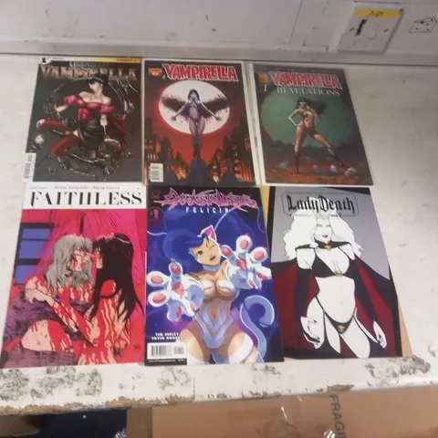 SIX ASSORTED ADULT THEMED COMICS TO INCLUDE; VAMPIRELLA, FAITHLESS AND LADY DEATH