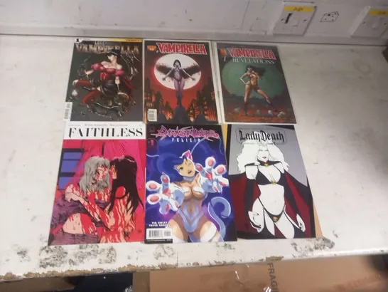 SIX ASSORTED ADULT THEMED COMICS TO INCLUDE; VAMPIRELLA, FAITHLESS AND LADY DEATH