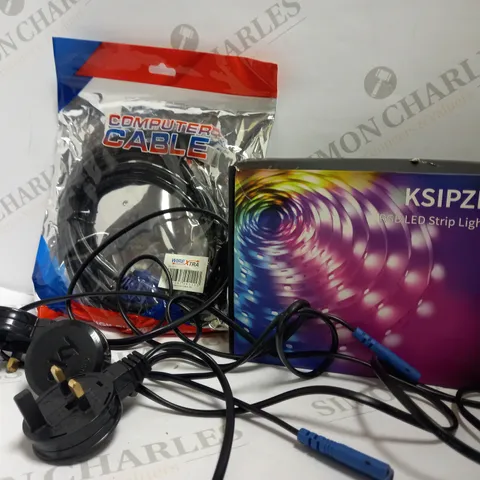 LOT OF APPROXIMATELY 20 ASSORTED CABLES AND ELECTRICALS TO INCLUDE COMPUTER CABLE, SKY CHARGERS, KSIPZE RGB LED LIGHT STRIP LIGHT ETC