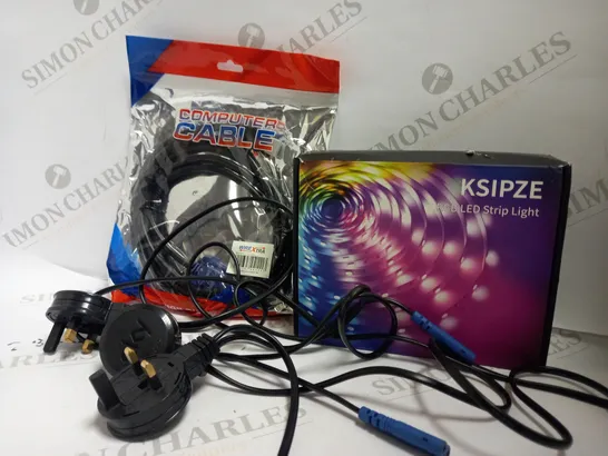 LOT OF APPROXIMATELY 20 ASSORTED CABLES AND ELECTRICALS TO INCLUDE COMPUTER CABLE, SKY CHARGERS, KSIPZE RGB LED LIGHT STRIP LIGHT ETC