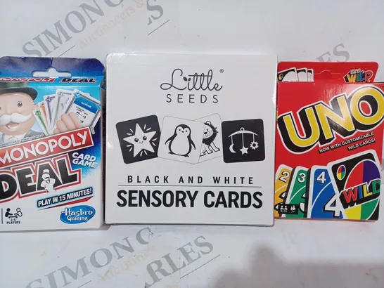 APPROXIMATELY 8 ASSORTED TOYS AND GAMES TO INCLUDE UNO, LITTLE SEEDS SENSORY CARDS, MONOPOLY DEAL, ETC