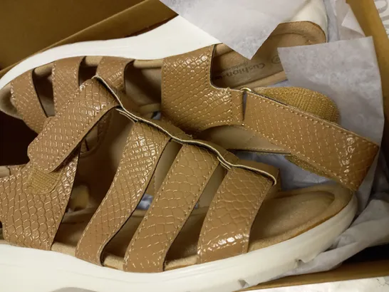 BOXED PAIR OF CUSHION WALK STRAPPY TAN SANDALS - SIZE 4