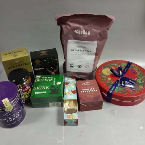 APPROXIMATELY 15 ASSORTED FOOD & DRINK PRODUCTS TO INCLUDE VENCHI CHOCOLATES, CARTWRIGHT TEA, REIDS SHORTBREAD ETC 